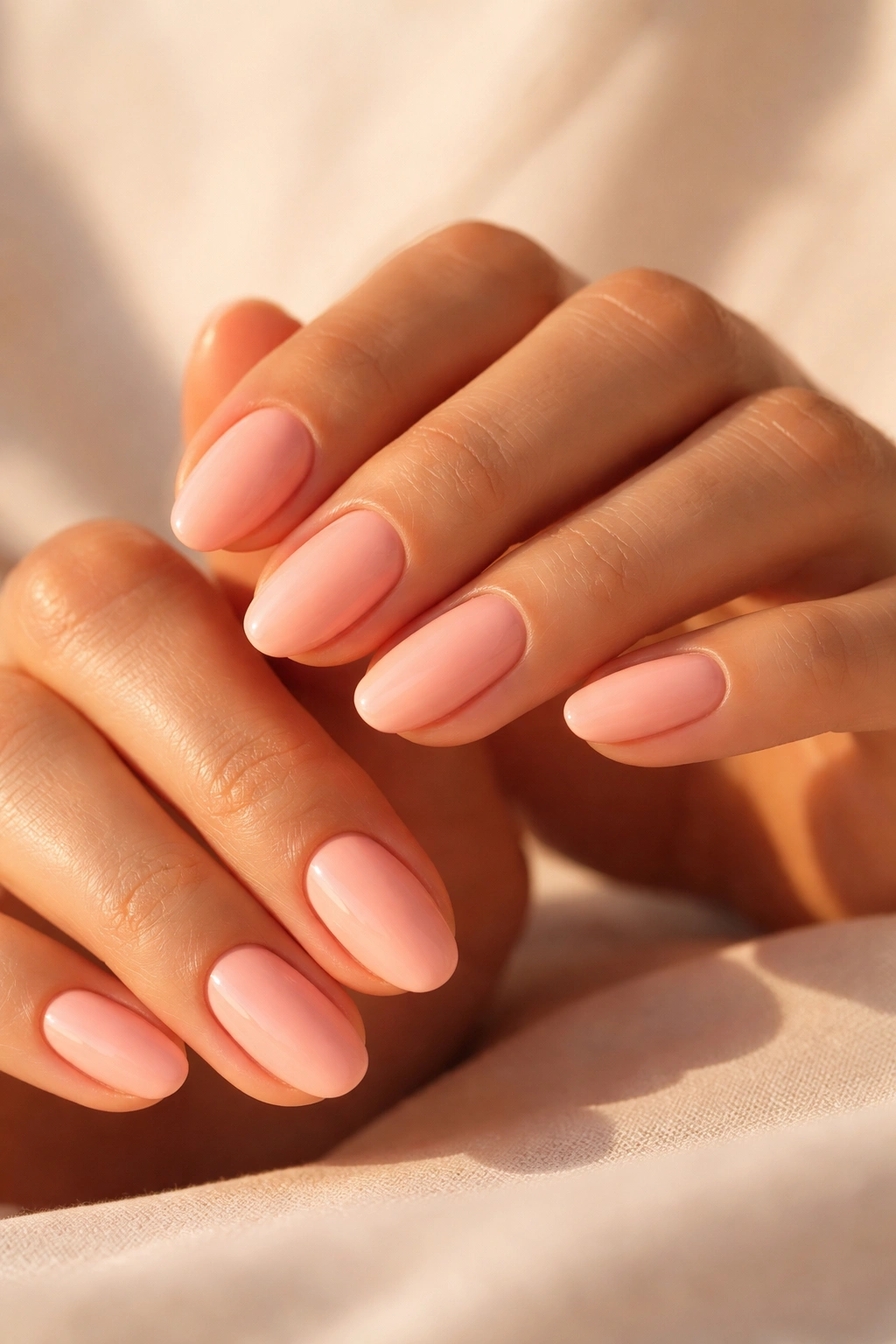 Close-up of peach nails on sun-kissed hands with soft beige background.