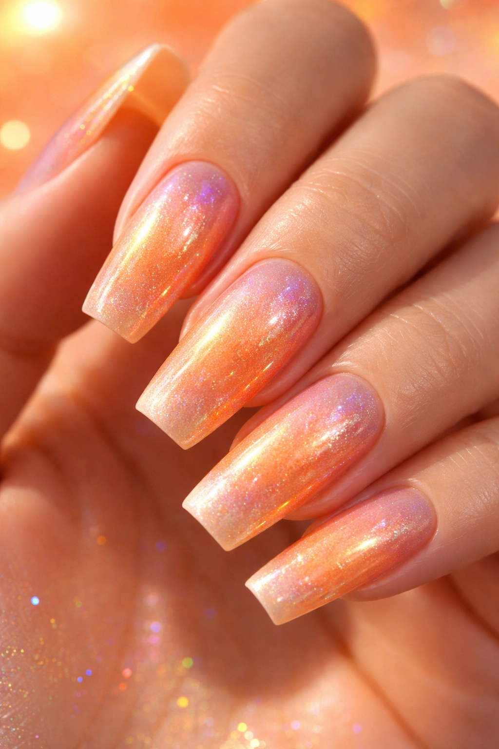 Close-up of peachy orange nails with sunset gradient and holographic shimmer