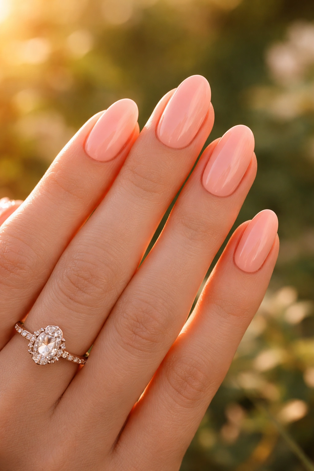 Close-up of hand with peach nails in golden hour light