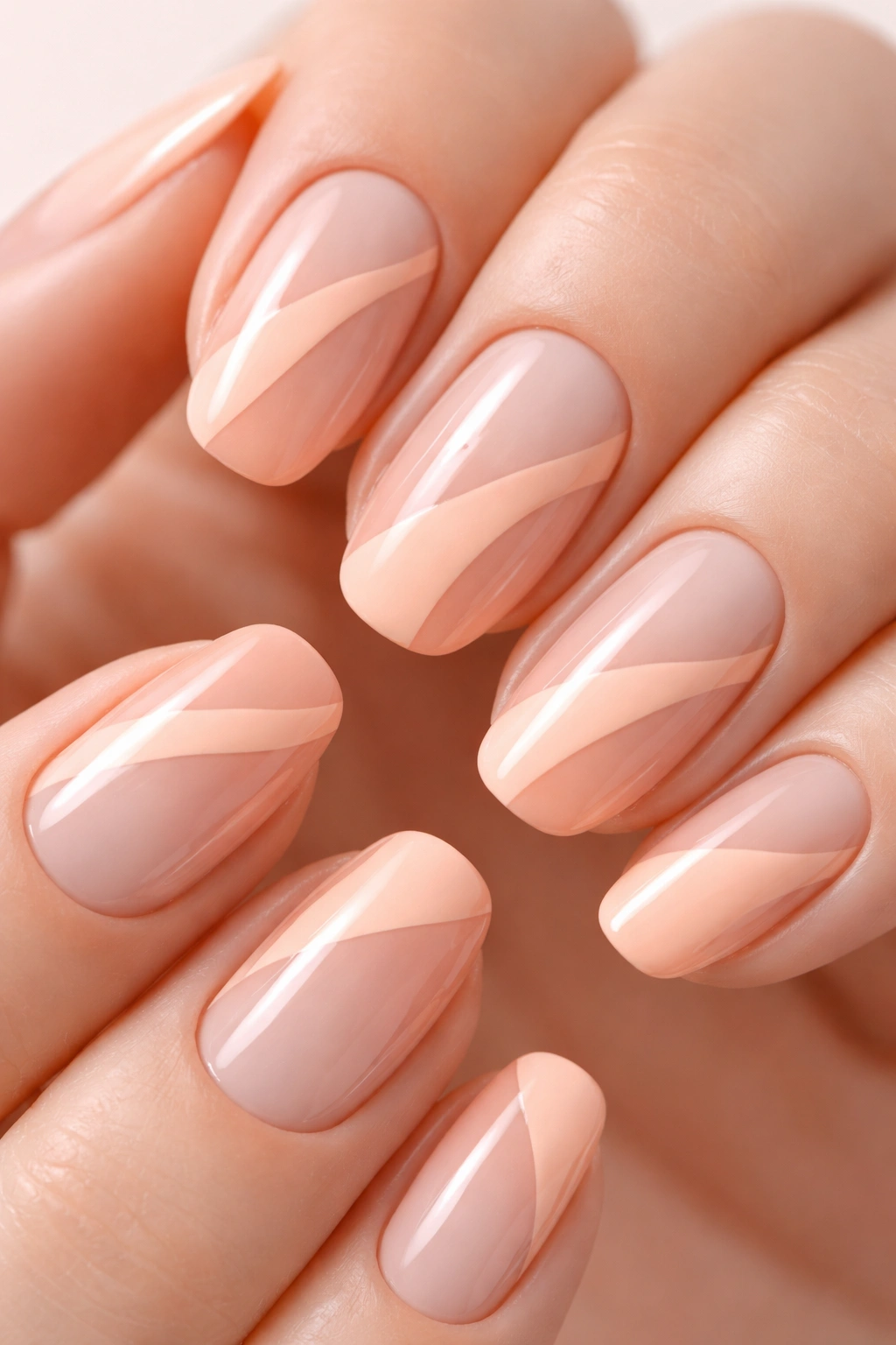 Nails with peach polish and negative-space patterns showing bare nail areas