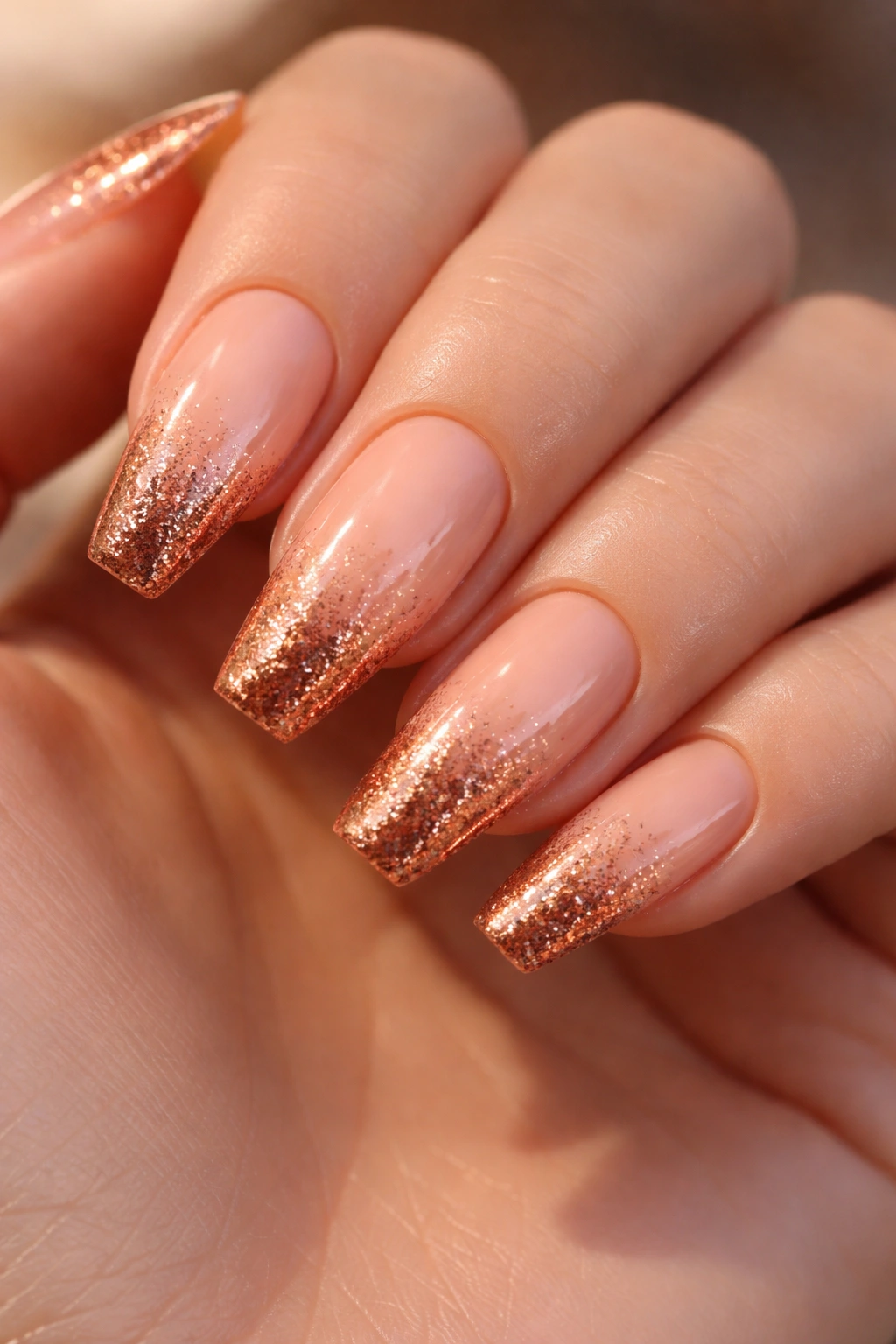 Close-up of peach nude nails with copper glitter fade