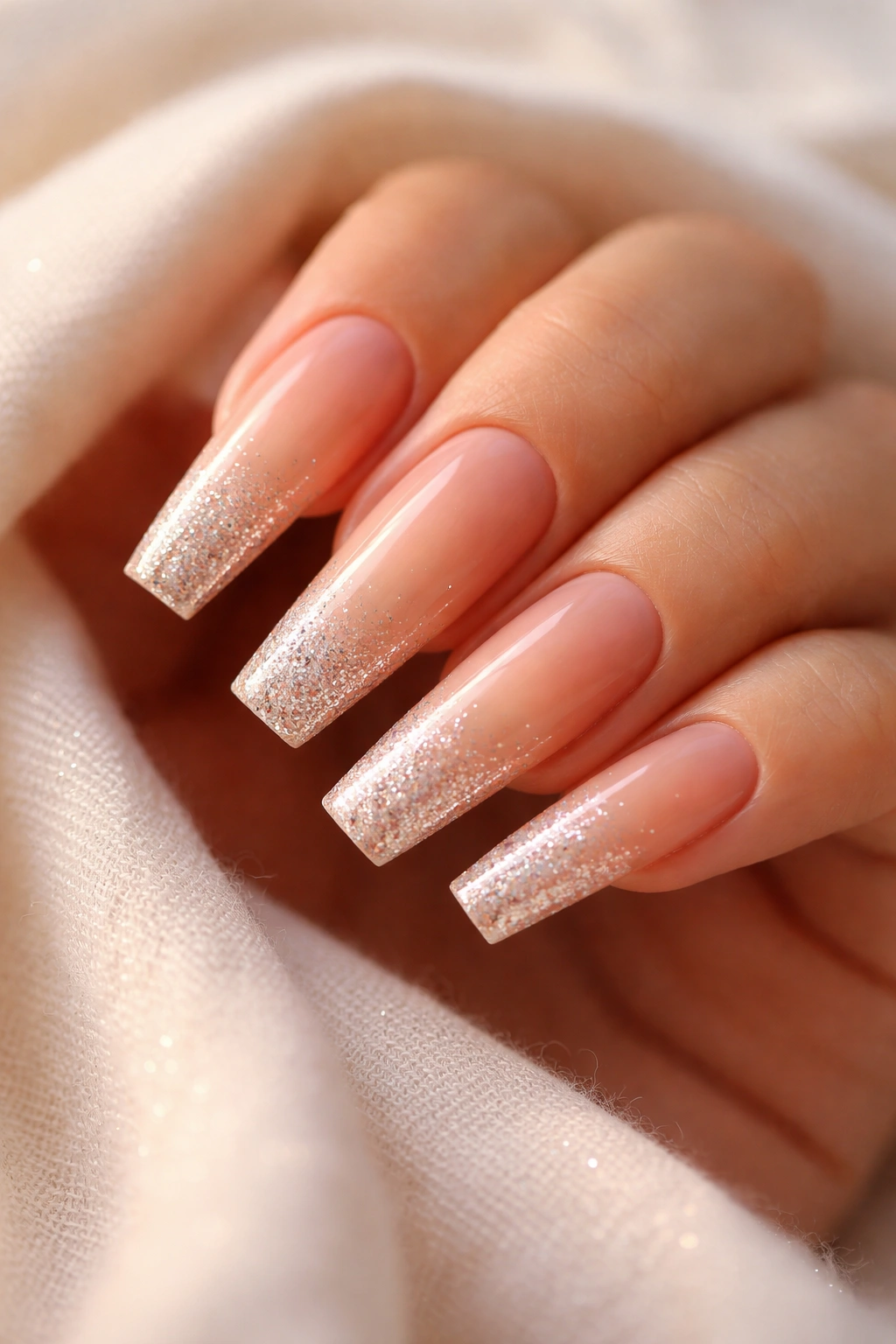 Close-up of peachy nude ombre nails with glitter tips