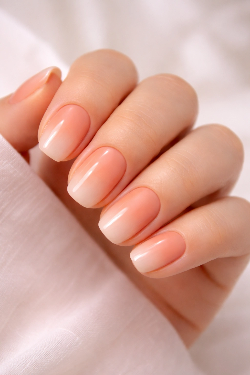 Peach to nude gradient nails in a subtle ombre