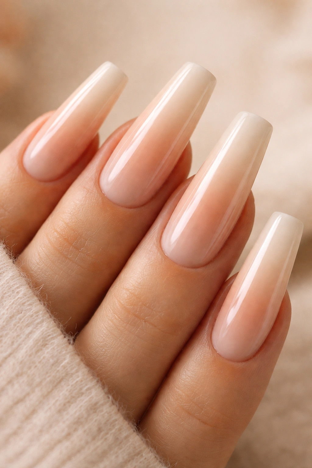 Close-up of long coffin nails with peachy nude to cream ombré