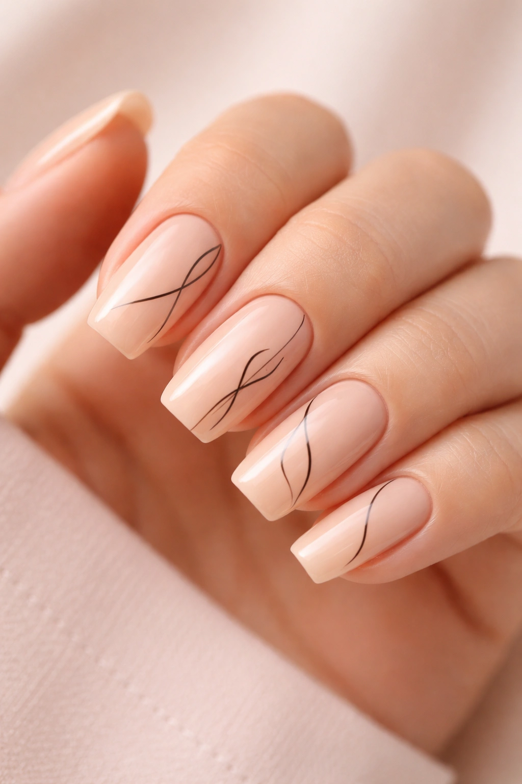 Close-up of peach nude squoval nails with thin black line art
