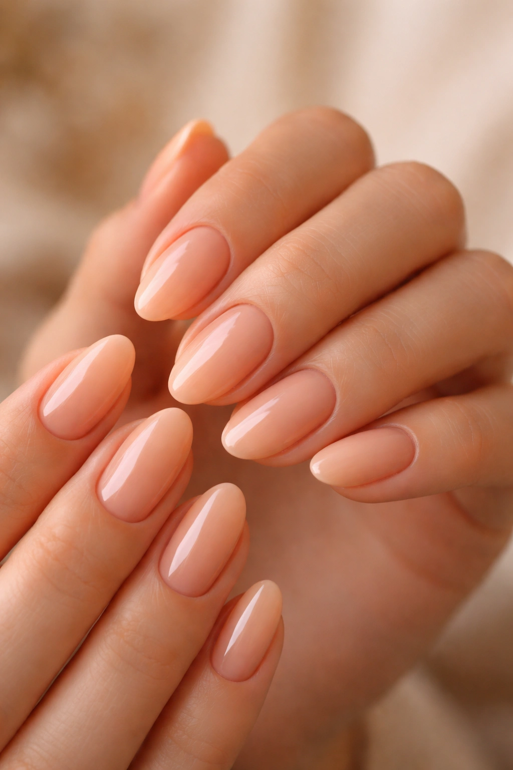 Close-up of peach-nude almond nails warming the hands