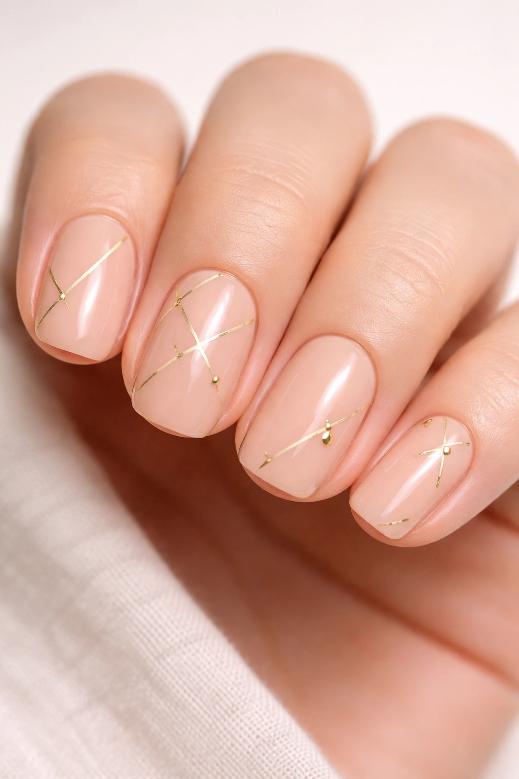 Close-up of peachy nude nails with gold geometric designs
