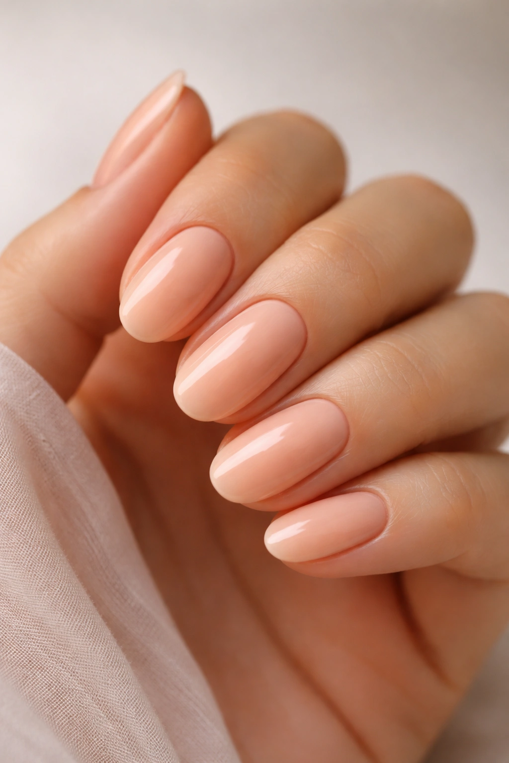 Close-up of short oval nails in soft peach nude with a gentle glow