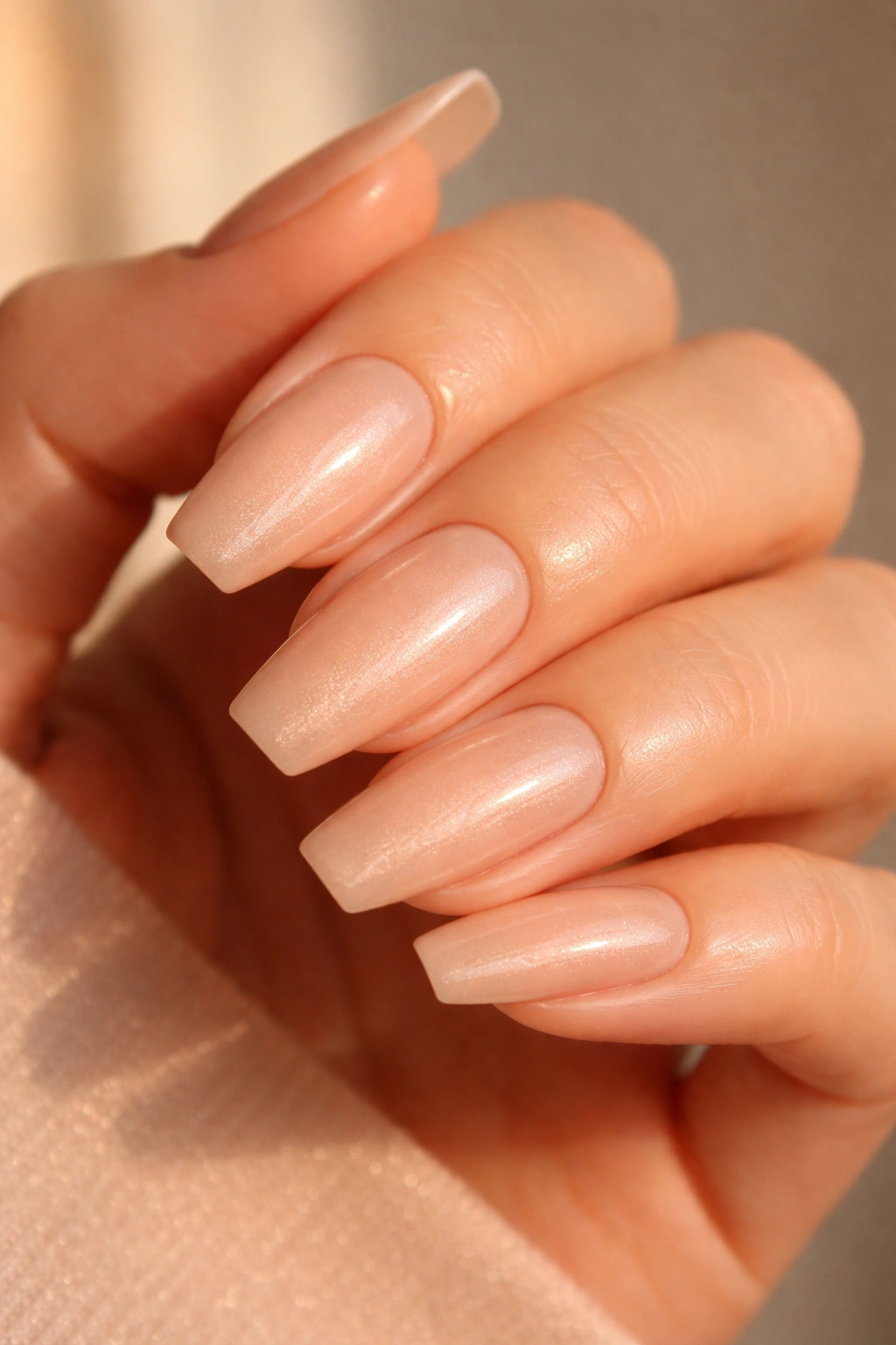 Close-up of peach nude ballerina nails with pearl shimmer under warm candlelight
