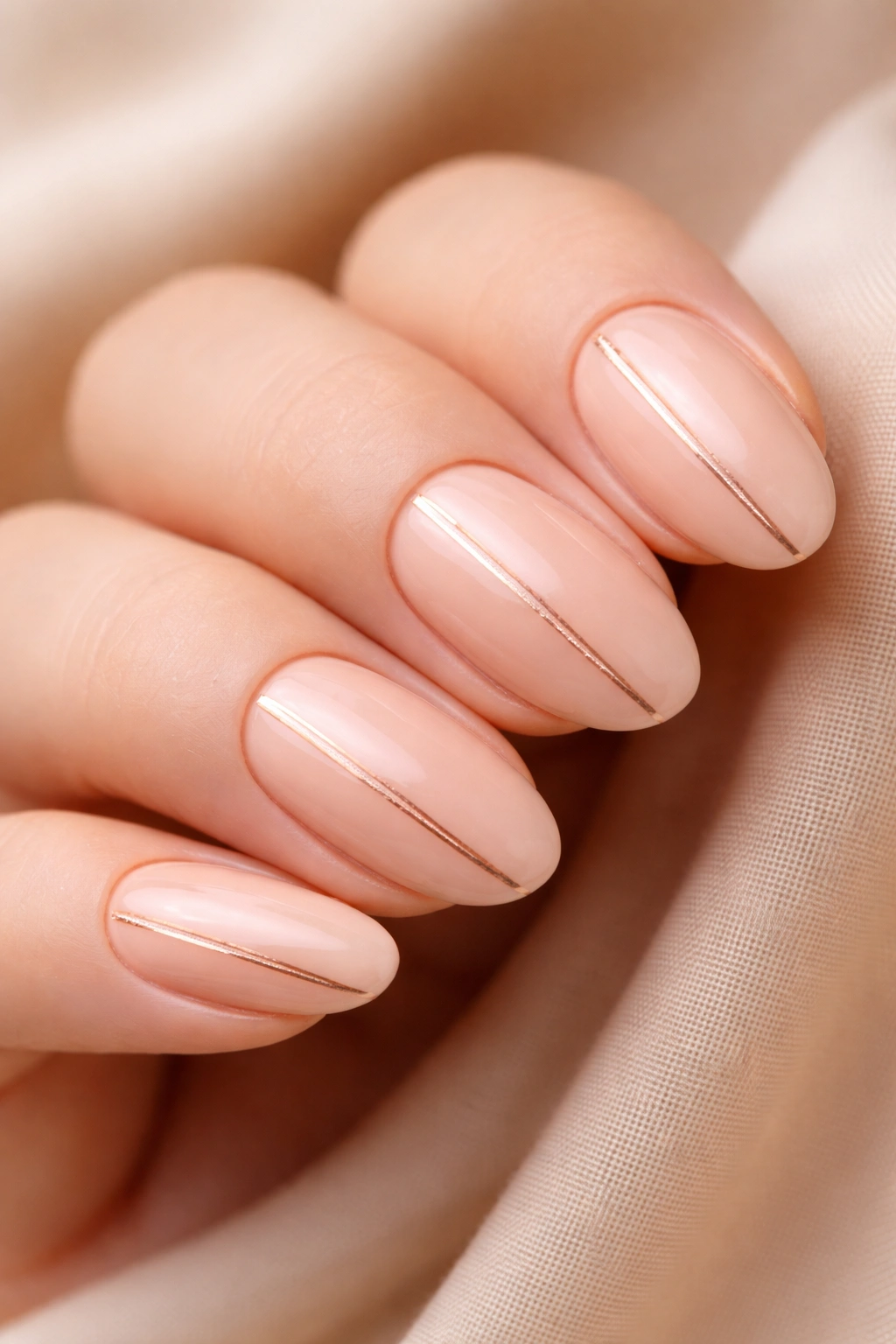 Close-up of peachy nude oval nails with thin rose gold stripes