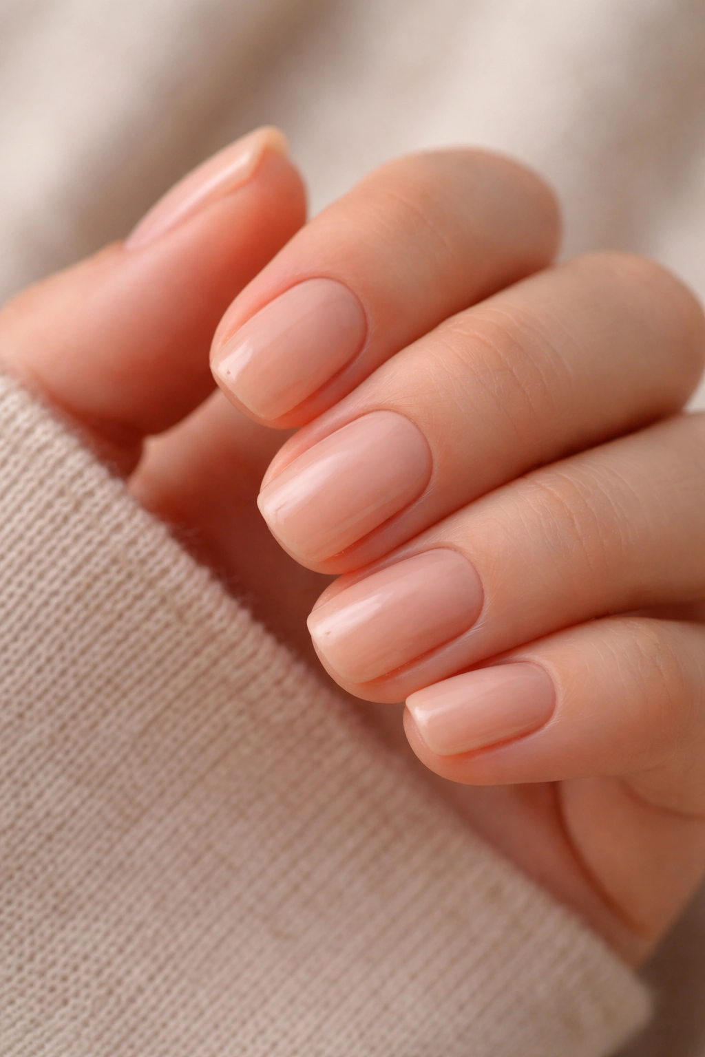 Close-up of short squoval nails in peachy nude with natural translucence