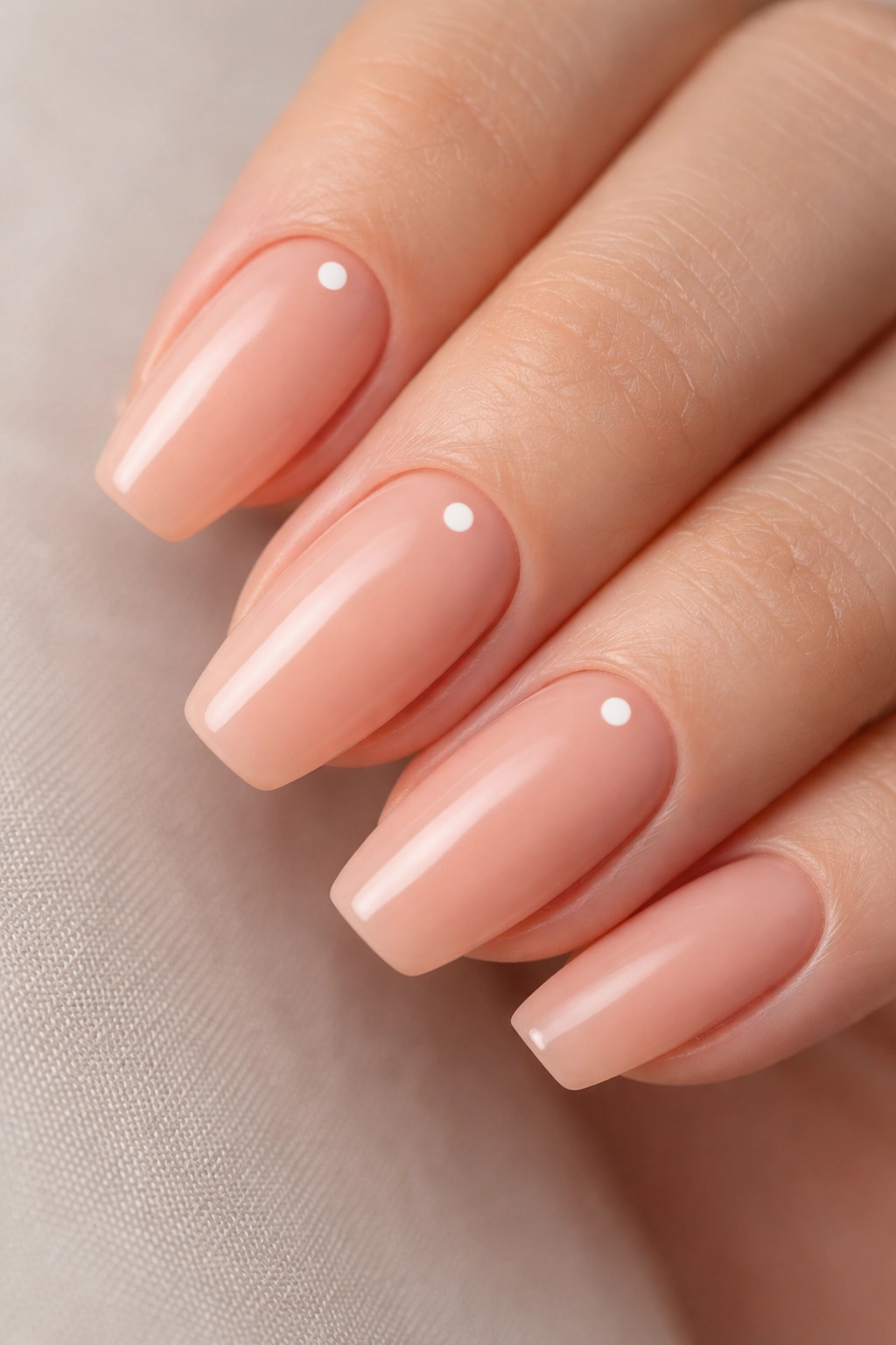 Close-up of short ballerina nails with peach nude base and a single white dot near the cuticle