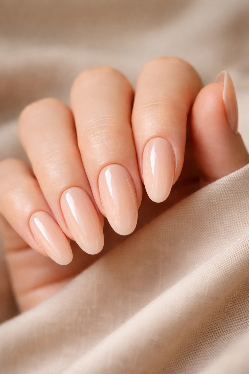 Close-up of pale peach nude long-oval nails