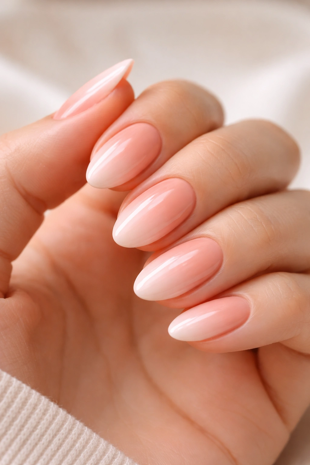 Peach nude to baby pink fade on short almond nails