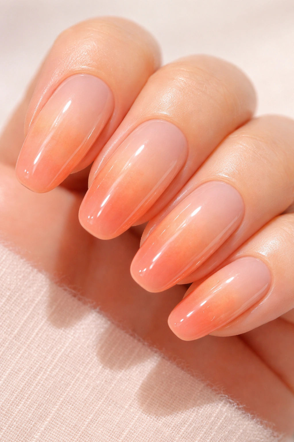 Close-up peach ombré nails with pale-to-coral gradient and glossy glaze