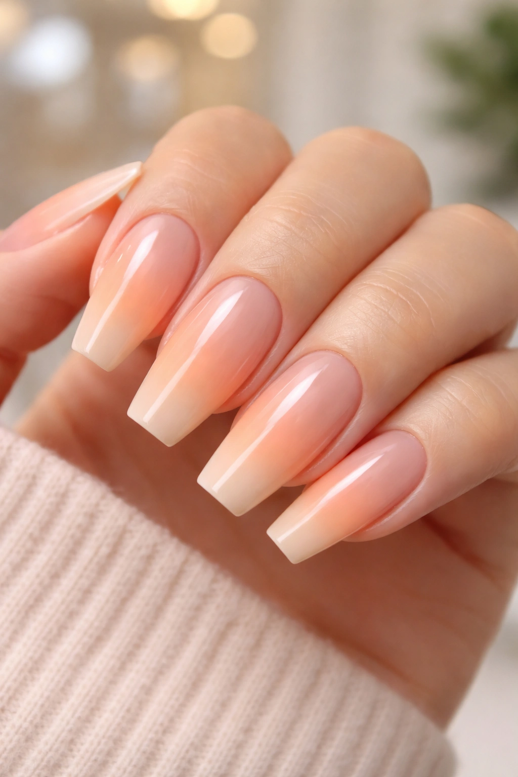 Peach sorbet ombre on pastel ballerina nails with nude-to-peach gradient.
