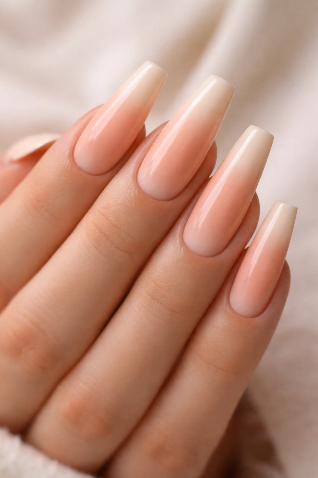 Soft peach ombre nails on long coffin shape with seamless gradient