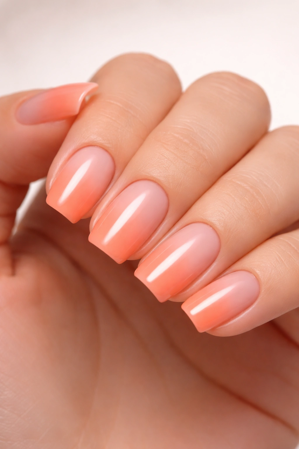 Close-up of short squoval nails with bright peach ombré fading to nude