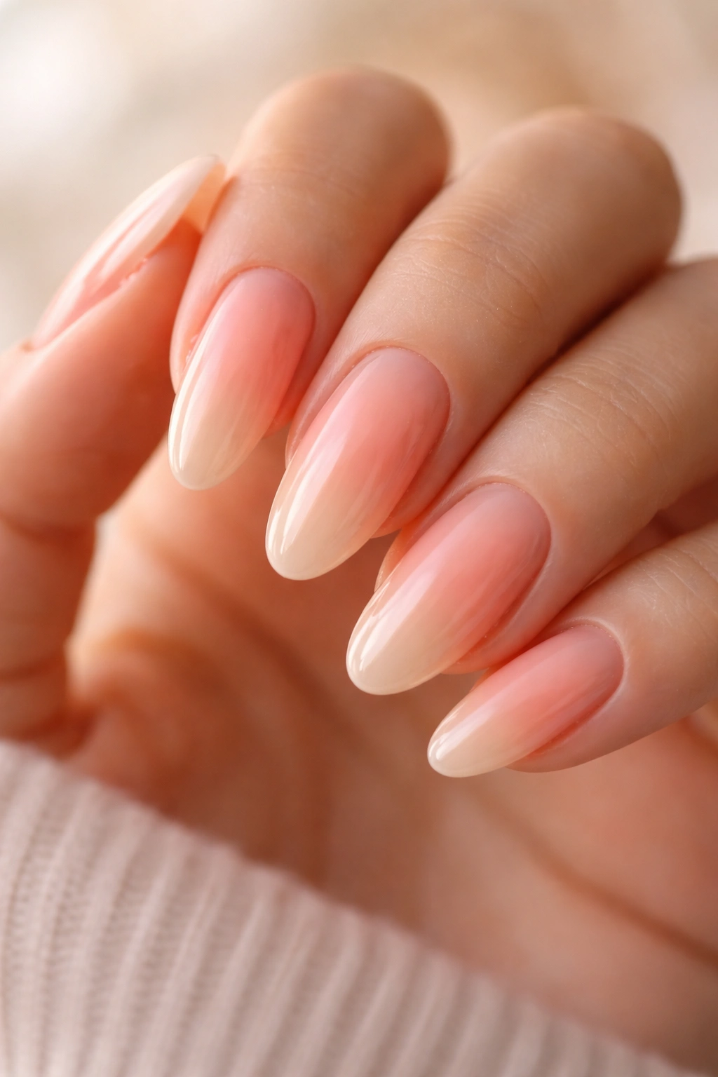 Close-up of long oval nails with peach to nude tips ombre