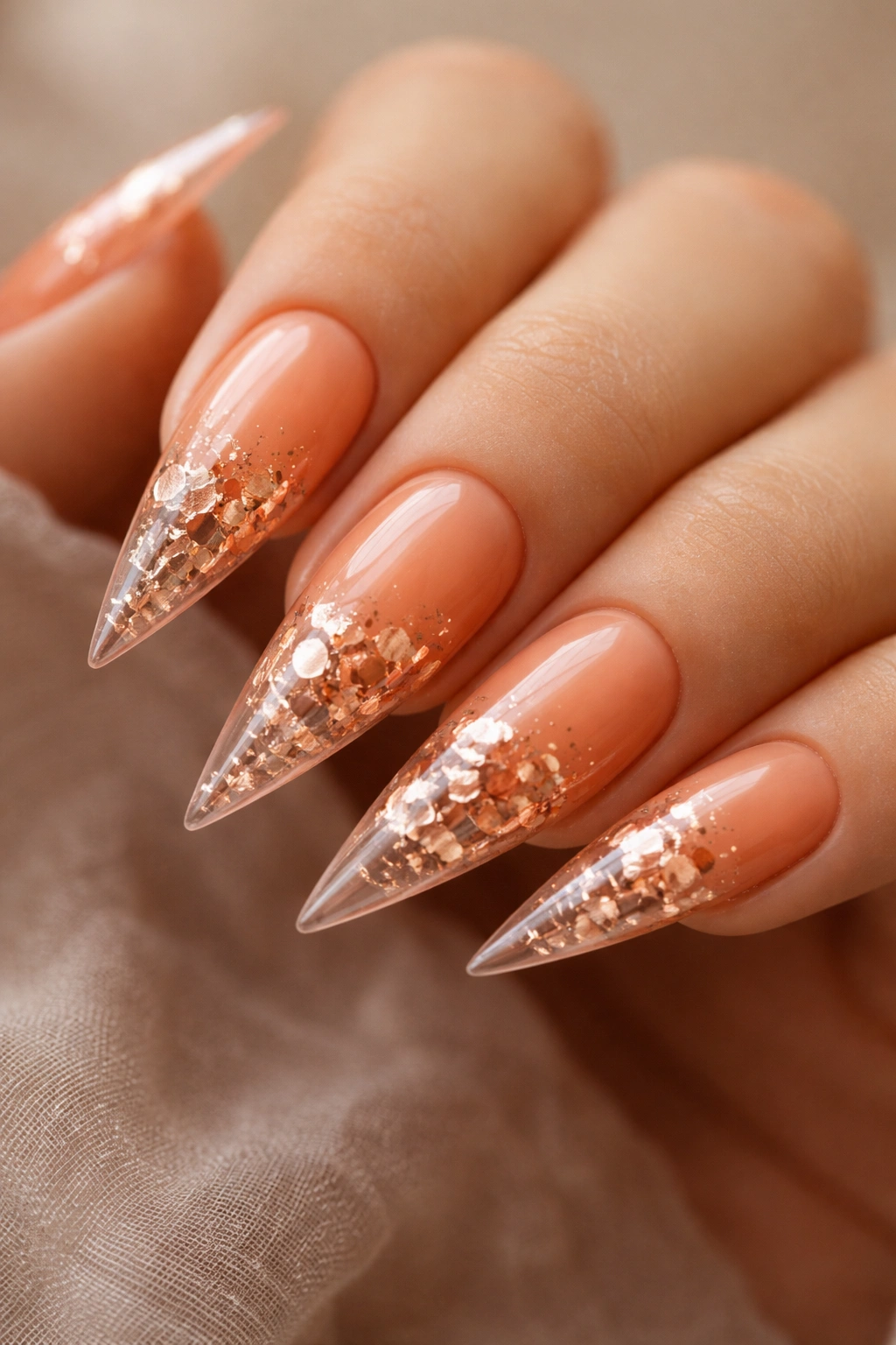 Close-up of peach-orange stiletto nails with encapsulated rose-gold foil