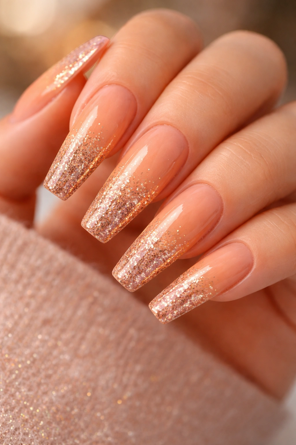 Close-up of peach orange nails with glitter gradient on coffin nails