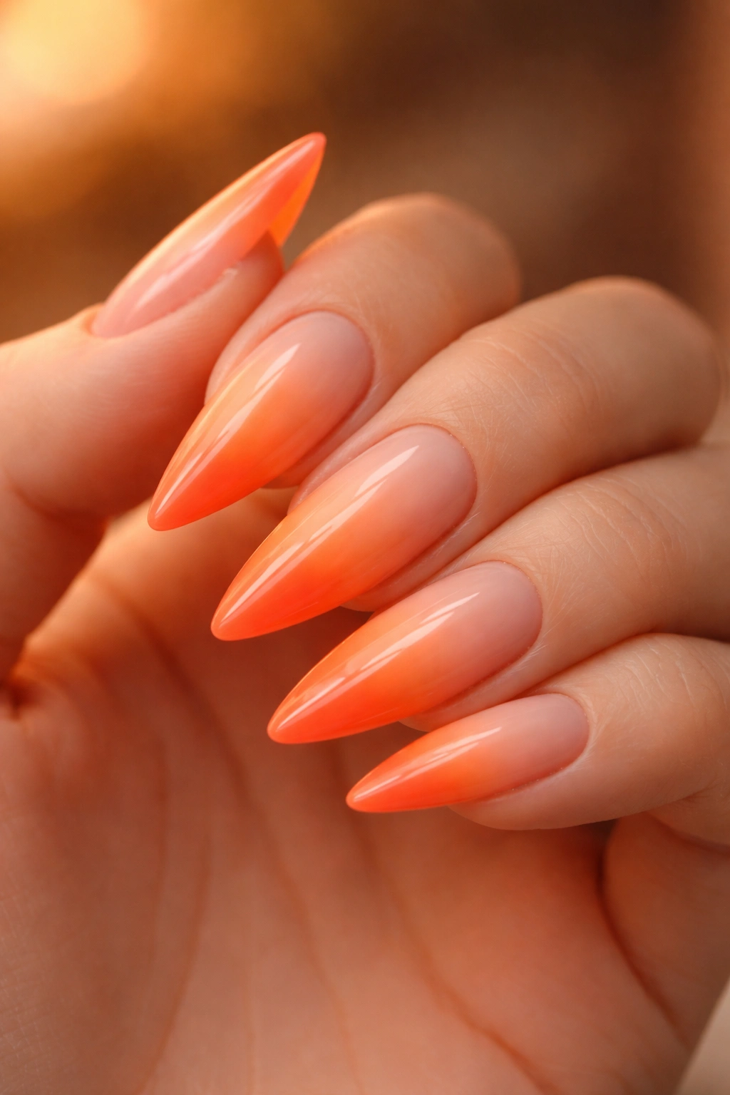 Medium stiletto nails sunset peach to orange ombre with warm glow