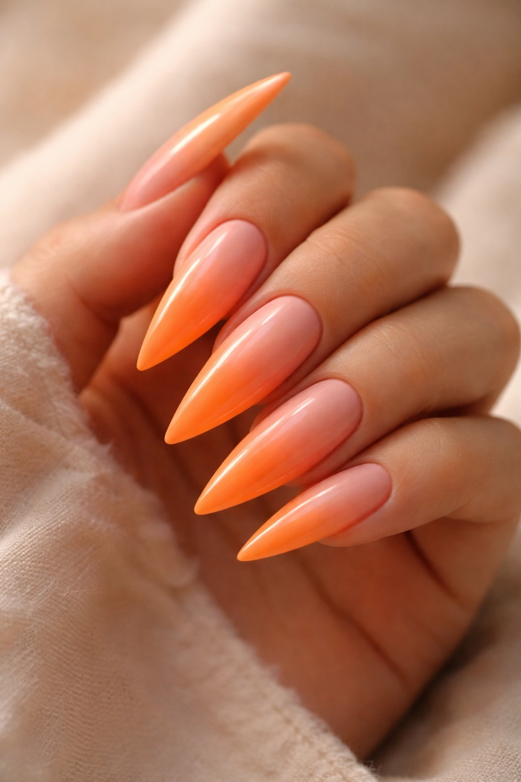 Close-up peach to orange ombre stiletto nails