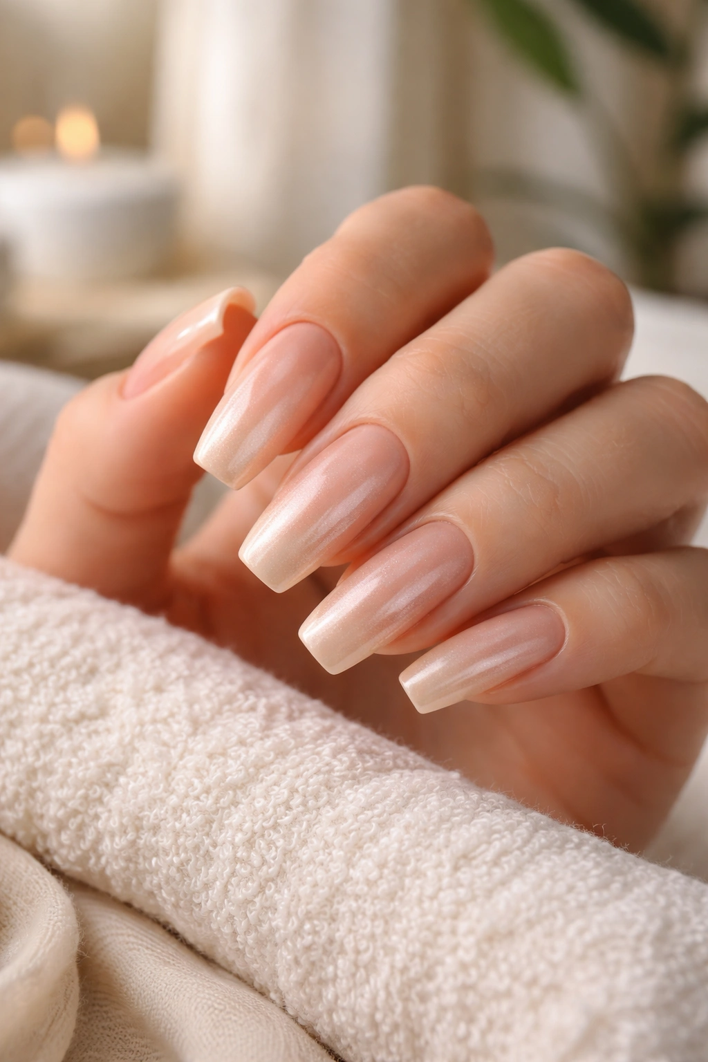 Close-up of peach pearl nails with subtle sheen on a ballerina shape