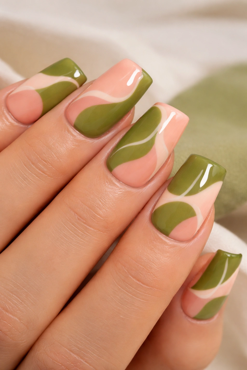 Nails with peach pink and olive green abstract shapes