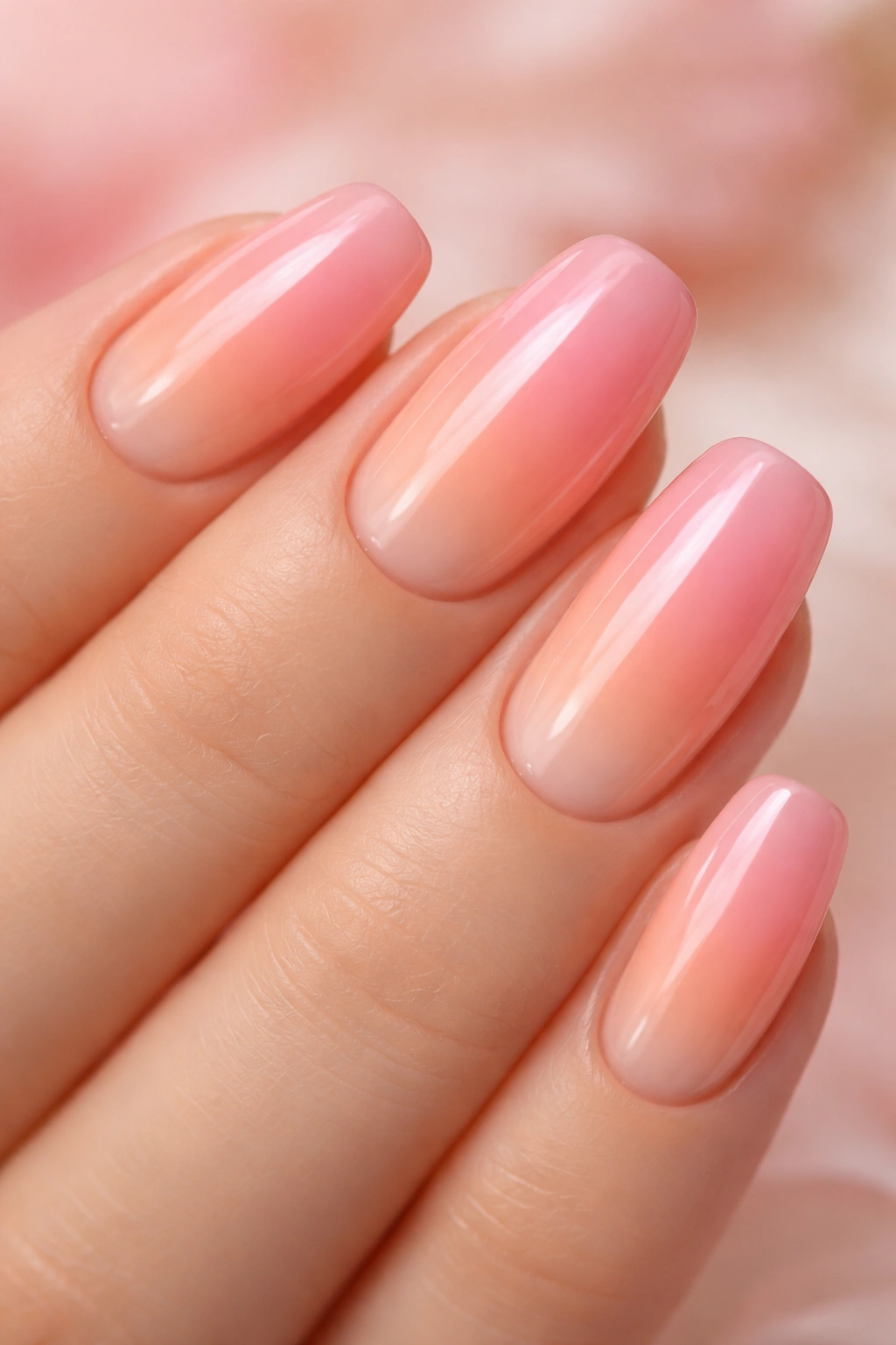 Close-up of peach-to-pink gradient nails with a glossy finish