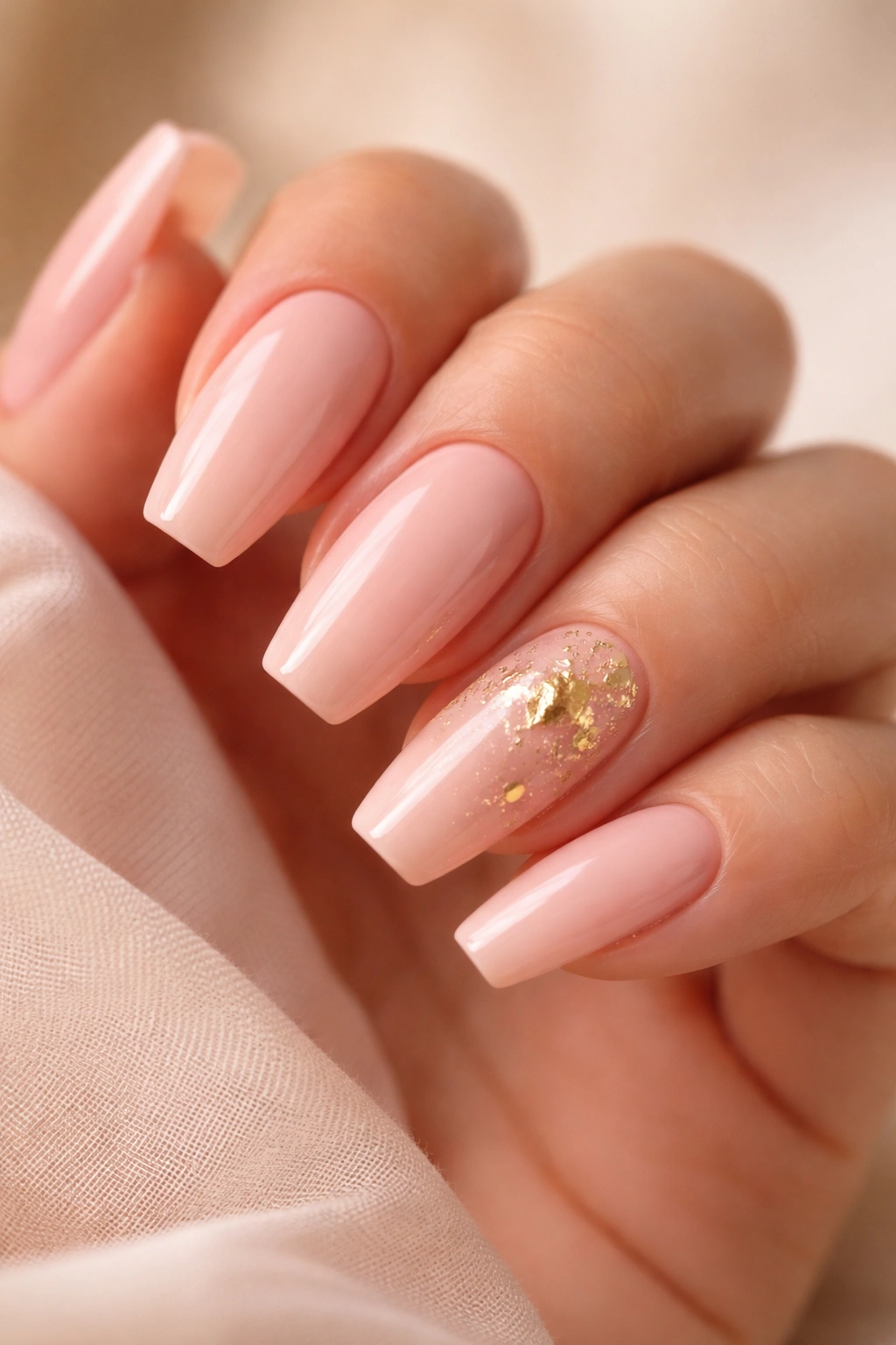 Close-up of peach-pink nails with torn gold foil accents on an accent nail.