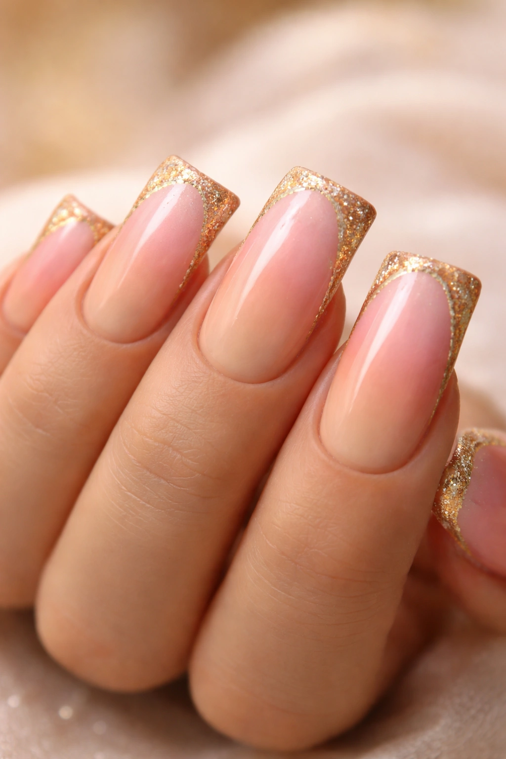 Close-up of duck-shaped nails with a peachy-nude to pink ombre and gold edges.