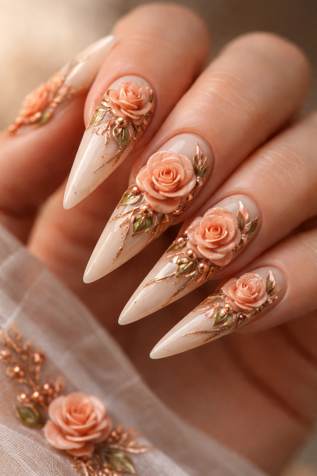 Ivory stiletto nail with raised peach roses and copper metallic veining