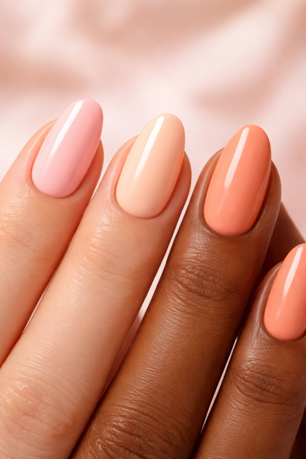 Nails painted in three peach shades to illustrate shade options for different skin tones