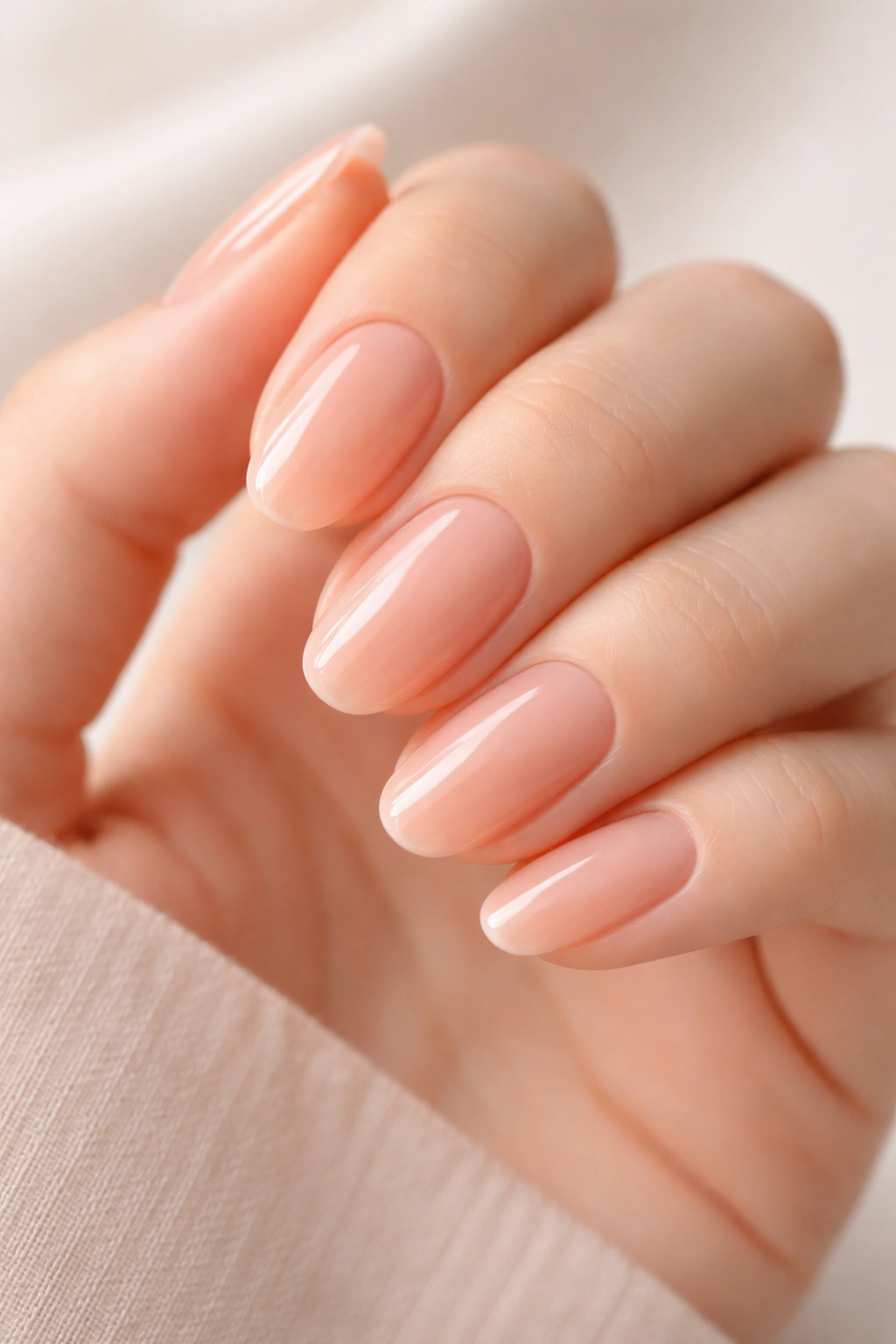 Close-up of hand with sheer peach nails blending with skin tone