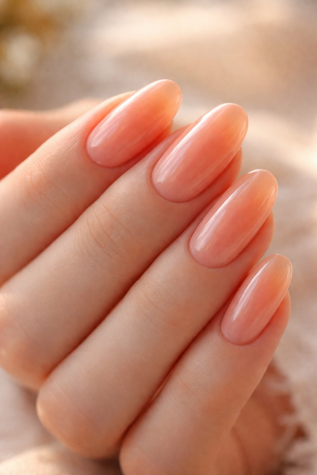 Close-up of short almond nails peach sorbet translucent jelly finish