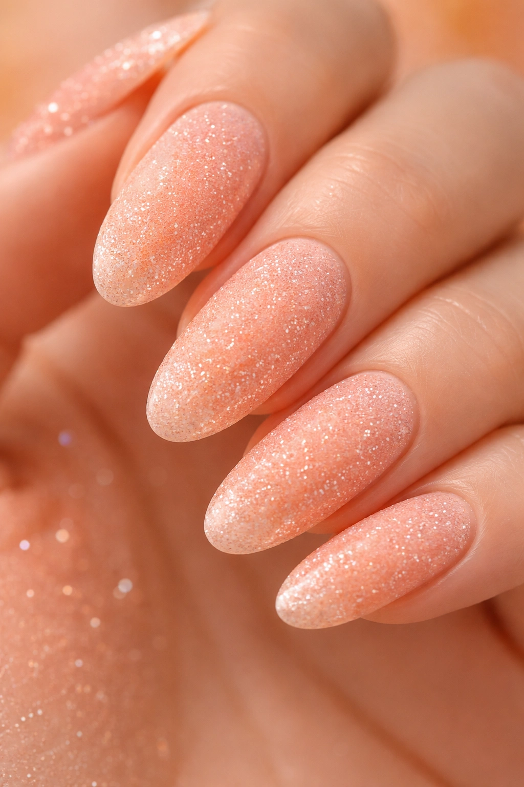 Close-up of peach sugar nails on long round nails with warm texture