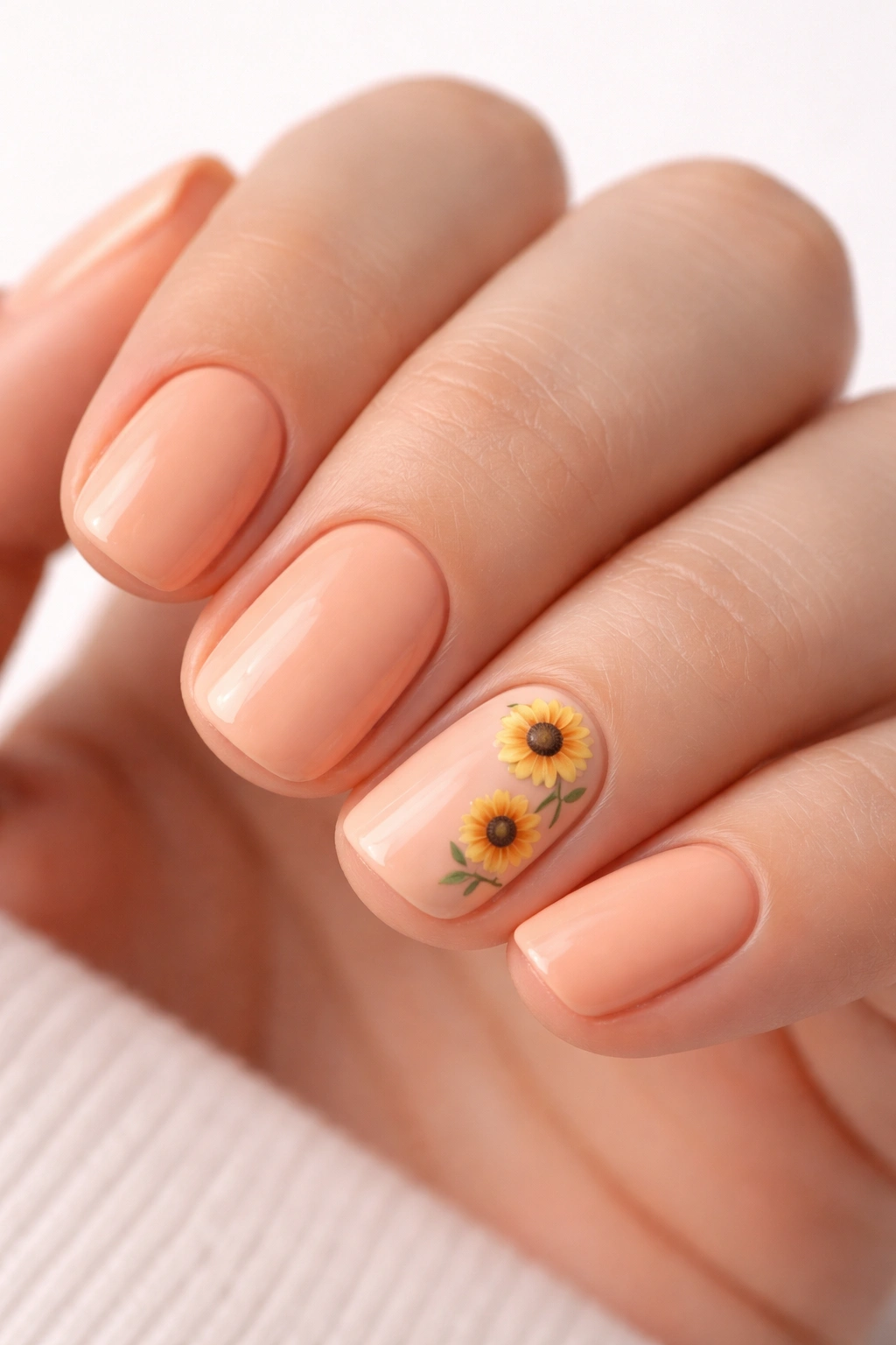 Close-up of peach nails with a tiny sunflower accent nail