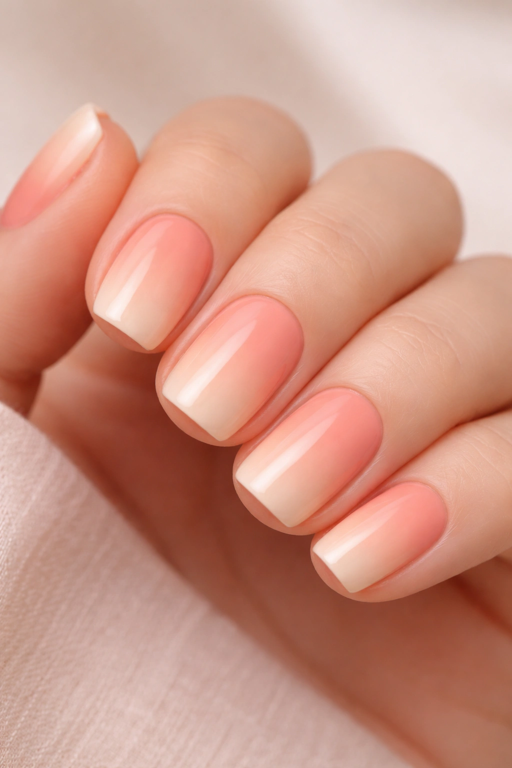 Close-up of pale peach to coral sunset gradient on short squoval nails