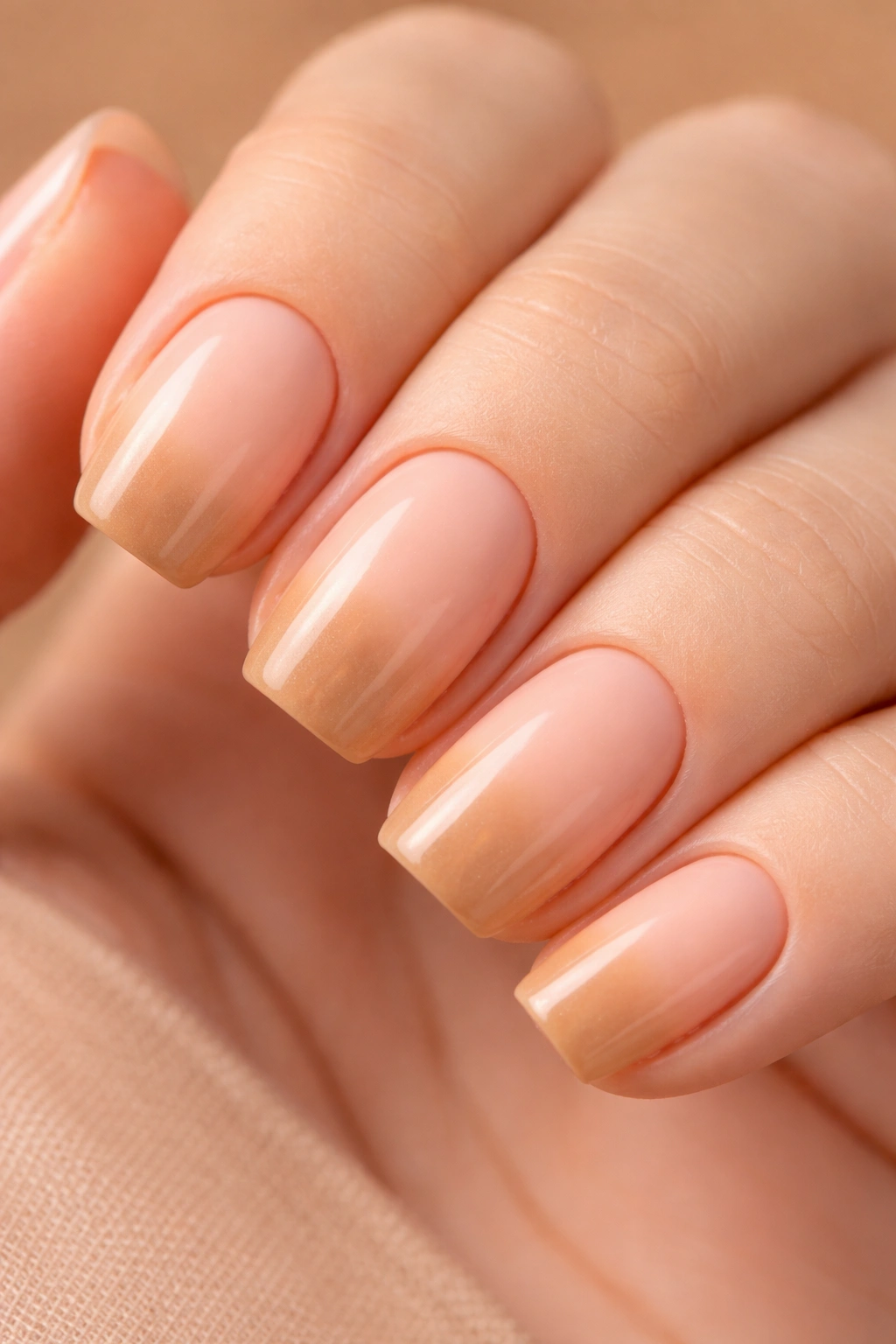 Close-up of soft peach to tan ombre on short squoval nails