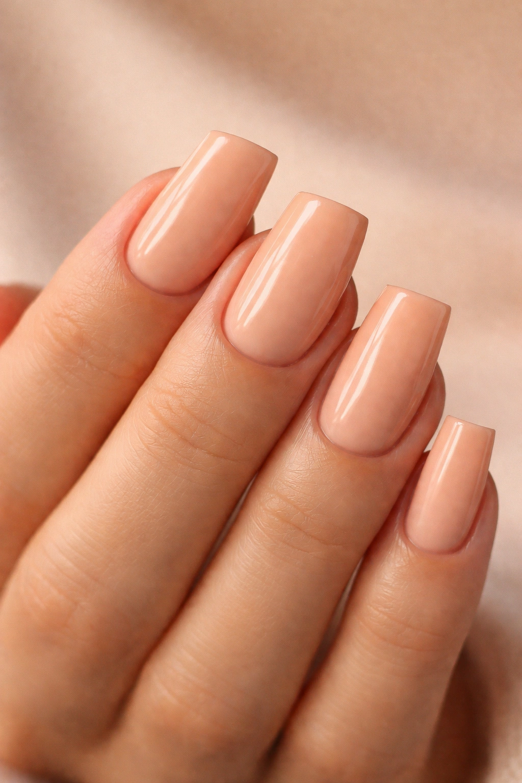 Close-up of peachy-beige duck nails on a bare hand