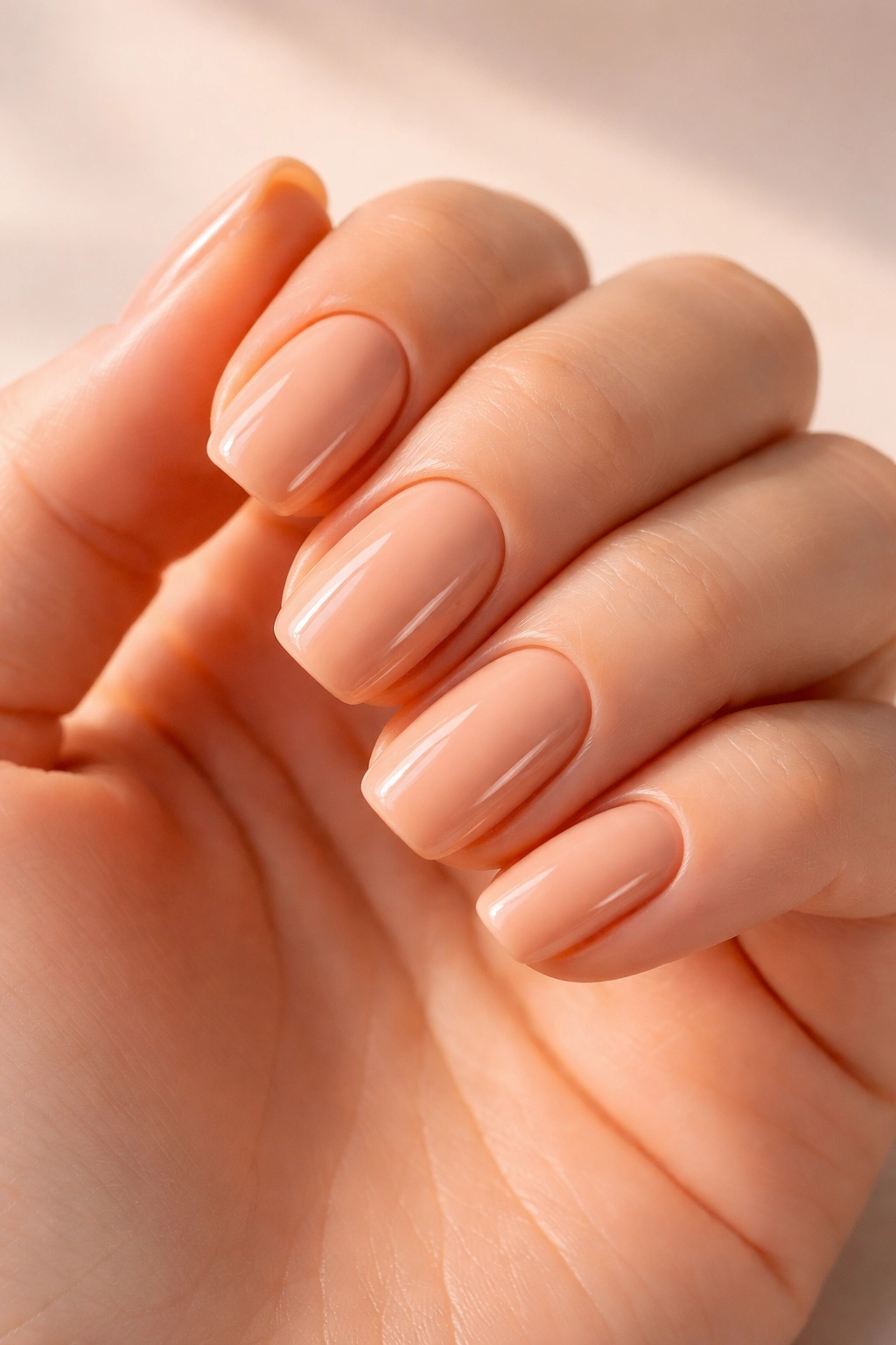 Close-up of nails painted warm peachy beige with glossy finish