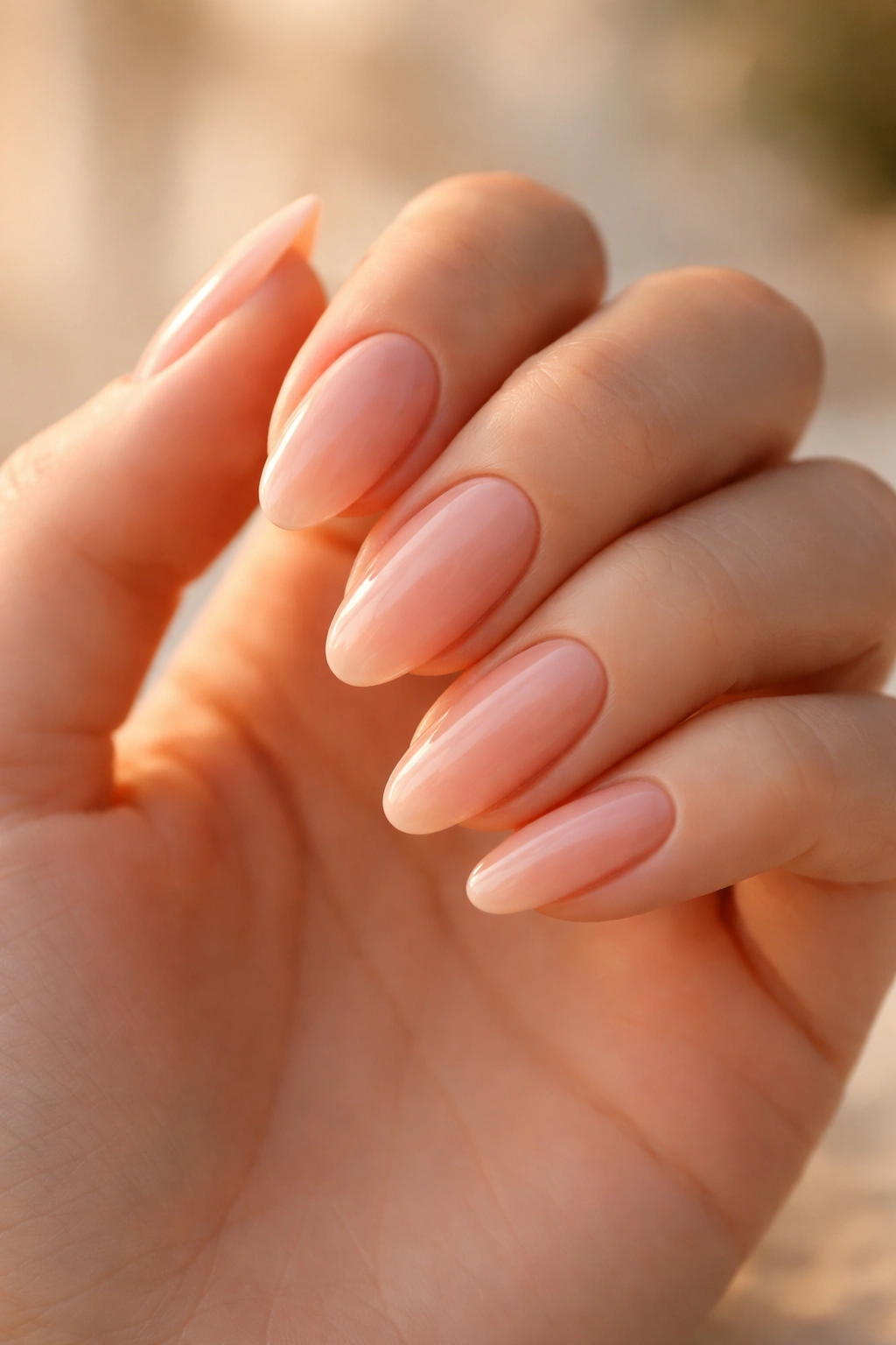 Close-up of oval nails with soft peachy-blush base