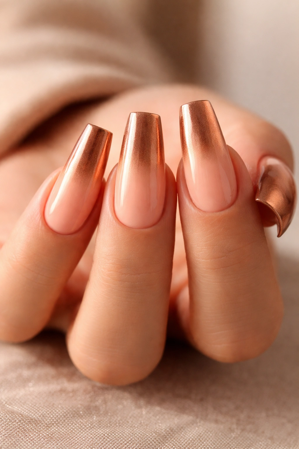 Medium duck nails with warm peachy base and bronze gradient from middle to tip