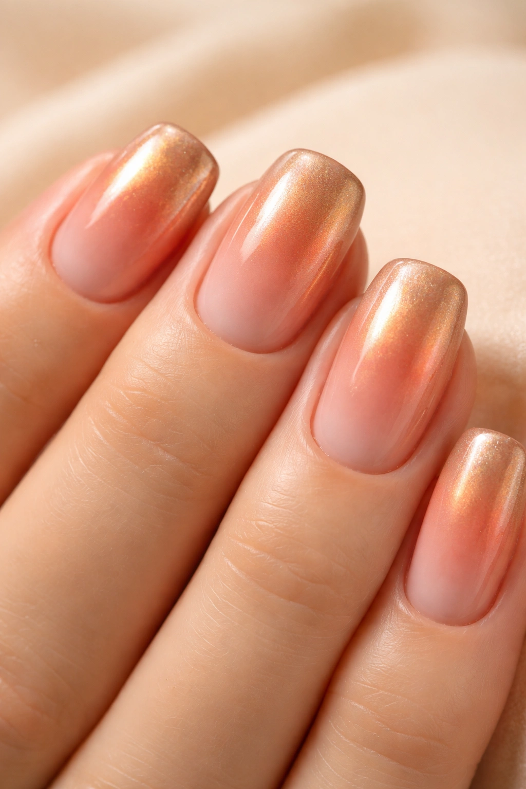 Close-up of peachy bronze nails on short squoval shape with warm glow