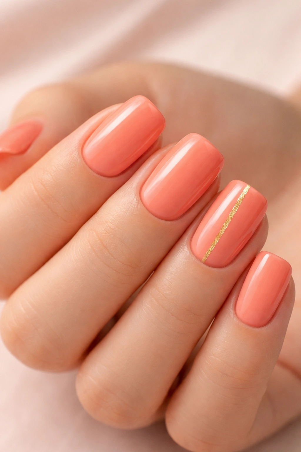 Close-up of short squoval nails in peachy coral with a gold foil accent on the ring finger