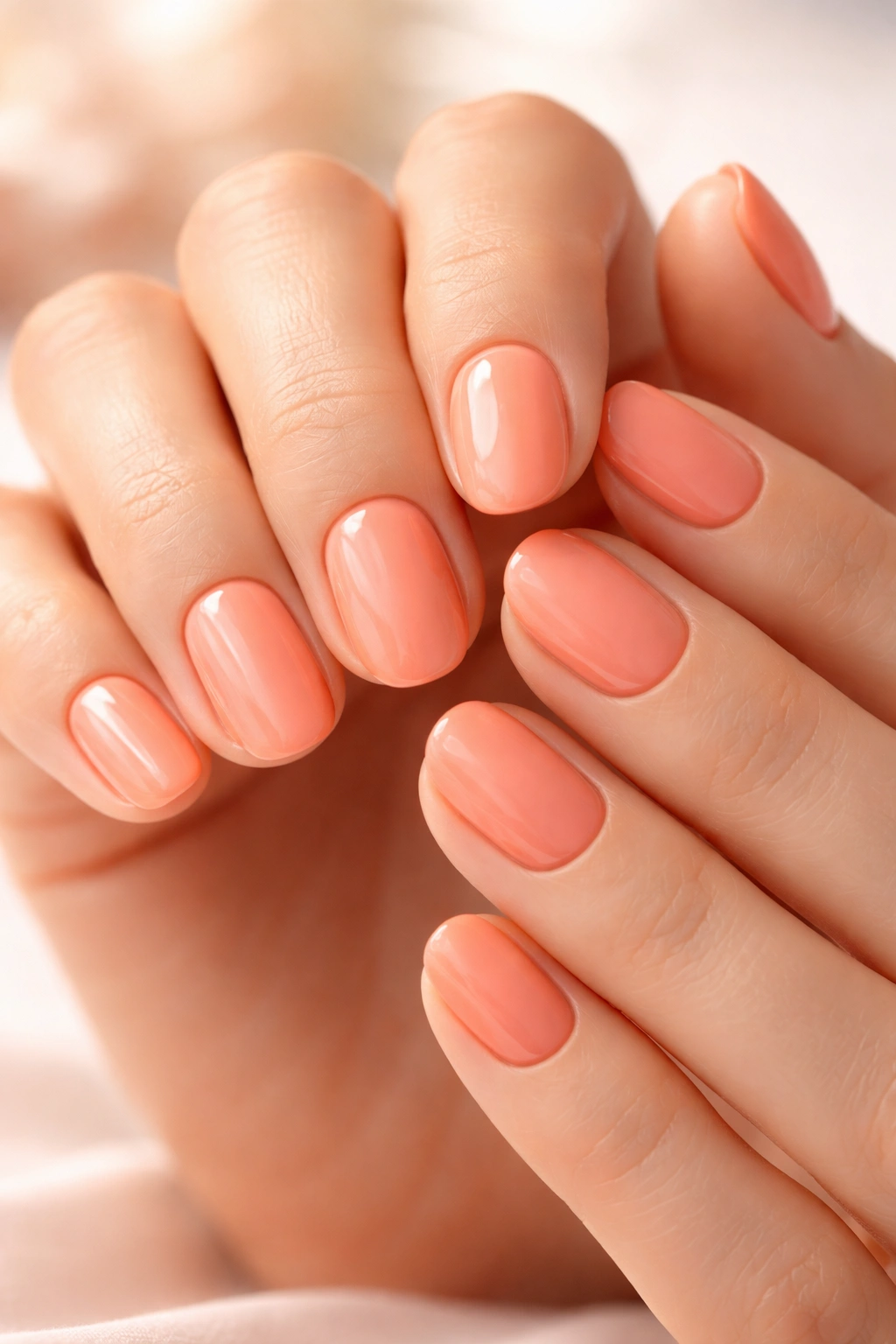Close-up of hands with peachy coral nails brightening the appearance