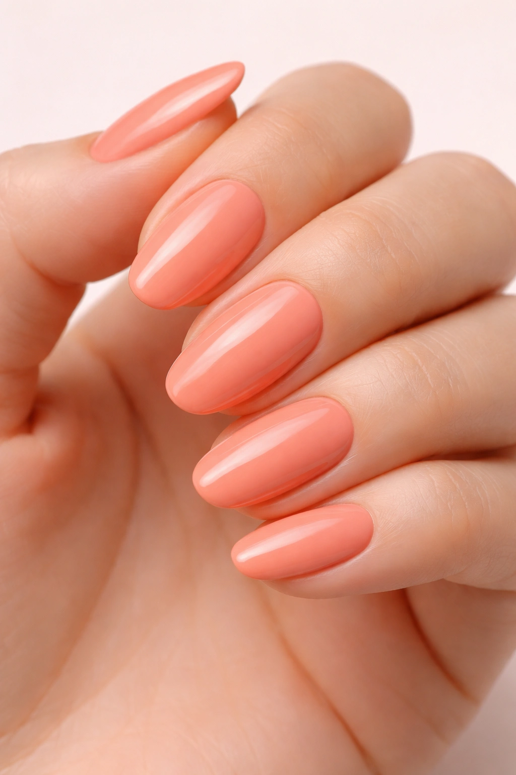 Close-up of a hand with nails painted peachy coral on a plain backdrop