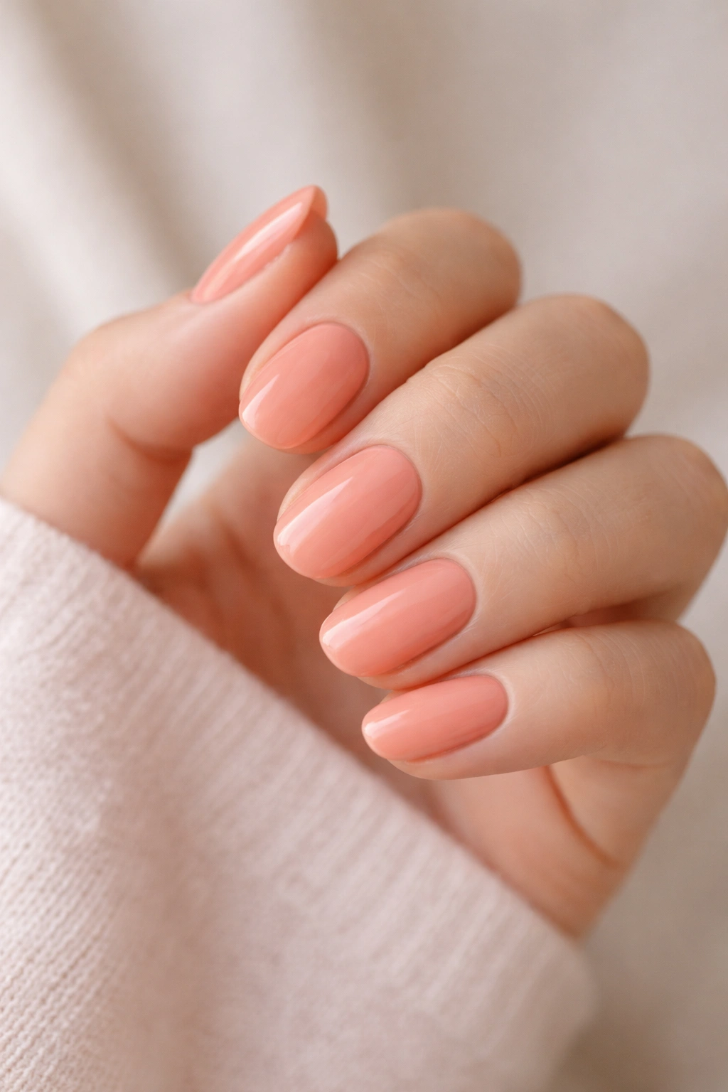 Close-up of a hand with short oval nails in peachy coral soft shade
