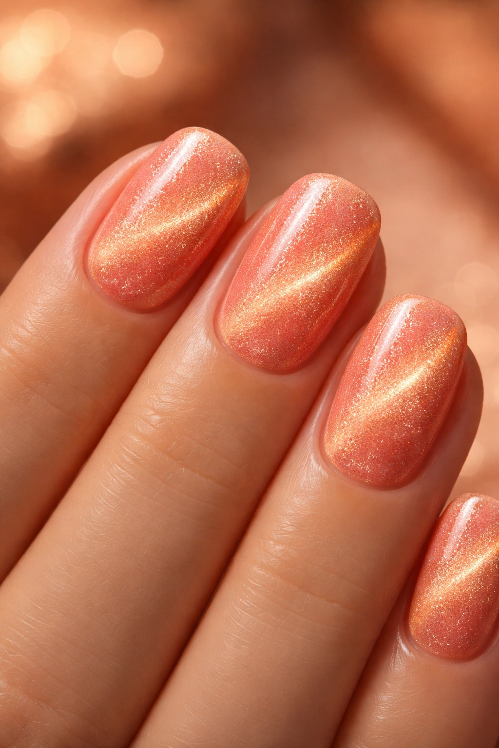 Close-up of peachy coral velvet nails with golden shimmer and warm lighting